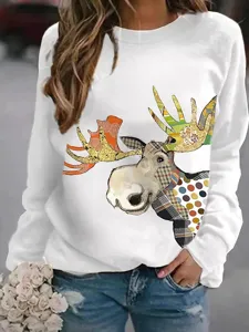 Women white crewneck long sleeve sweatshirt featuring artistic moose patchwork print top.