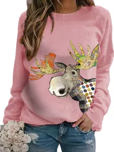 Casual pink crewneck long-sleeve fleece sweatshirt with patchwork moose graphic print.