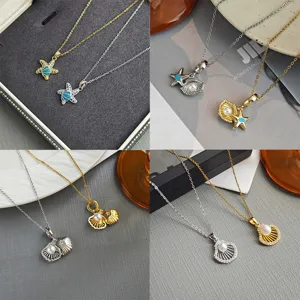 Minimalist Stainless Steel Starfish Seashell Pearl Pendant Necklace Gold Silver Plated Rhinestone Ocean Style Jewelry Gift