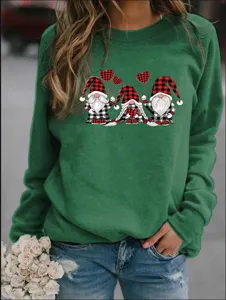 Green crewneck sweatshirt with cute gnome print, long sleeves, casual everyday detail view.