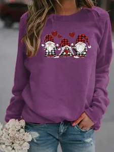Casual purple long sleeve sweatshirt with cute gnome graphic print, soft fleece pullover top for women.