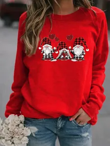 Red Christmas Gnome Print Crewneck Long Sleeve Casual Pullover Sweatshirt For Women