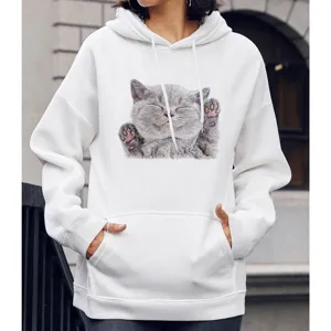 Casual witte dameshoodie met lange mouwen en een schattige grijze kattenprint grafisch.