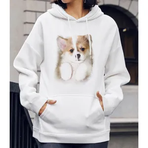 Witte hoodie met schattige corgi puppy grafische print, lange mouwen en handige voorzak.