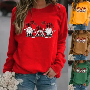 Christmas Gnome Print Sweatshirt Men Women Casual Polyester Fleece Lined Pullover Long Sleeve Round Neck Holiday Party Top