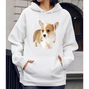 Witte hooded sweatshirt voor heren en vrouwen met schattige corgi hond print casual top