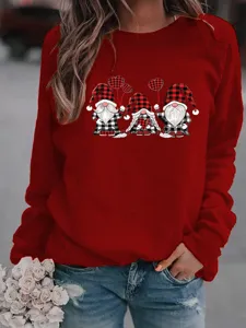 Red Christmas gnome print fleece sweatshirt, casual long sleeve crewneck pullover.