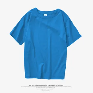 Solid color blue short sleeve t-shirt detail, soft fabric, ideal for custom DIY printing.