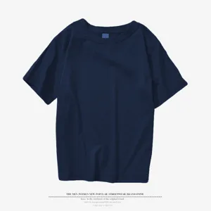 Plain dark blue round neck short sleeve t-shirt for men and women, casual basic tee.