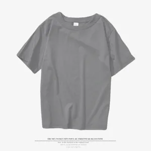 Detail view of a grey cotton-polyester blend round neck short sleeve blank t-shirt.