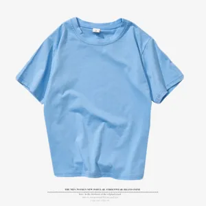 Light blue short sleeve t-shirt, casual solid color crew neck basic top for daily wear.