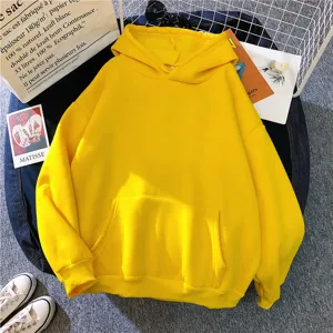 Women solid color casual long sleeve hooded sweatshirt with pocket in bright yellow color.
