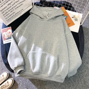 Women Casual Solid Grey Hoodie Long Sleeve Oversized Pullover Sweatshirt with Pocket