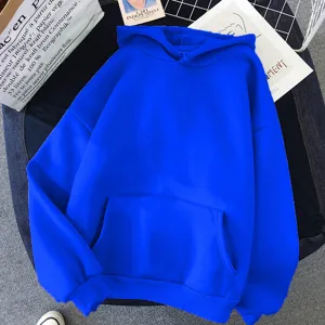 Detailed view of the bright blue solid color casual hoodie featuring a cozy hood and front pocket.
