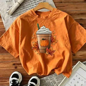 Damen Baumwolle Halloween Kürbis T-Shirt Kurzarm Rundhals Herbst Ahornblatt Druck Top Lässiges Festliches Shirt
