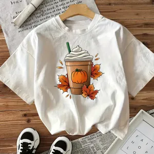 Weißes Damen Kurzarm T-Shirt mit herbstlichem Kürbis Kaffee Motiv lässiges Grafik Top Sommer