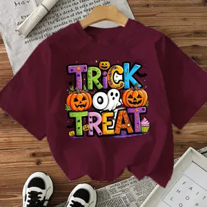 Casual burgundy t-shirt with Halloween trick or treat graphic print for women party.