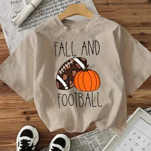 Casual beige short sleeve t-shirt featuring fall football pumpkin graphic for daily wear.