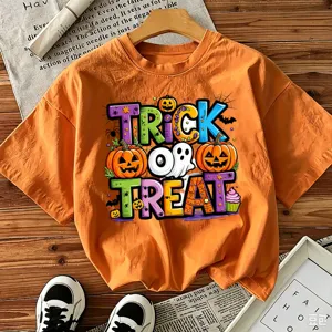 Orange Halloween short sleeve t-shirt with trick or treat graphic print casual festive top