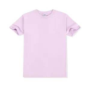 Detail view of the soft cotton light purple t-shirt showing fine fabric texture and neat collar.