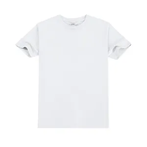 Plain white cotton crew neck short sleeve t-shirt detail showing neat collar and fabric texture.