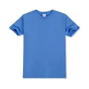 Blue solid color pure cotton short sleeve crew neck t-shirt basic style casual apparel item detail