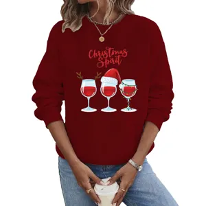 Christmas wine glasses print long sleeve crewneck red sweatshirt casual pullover top