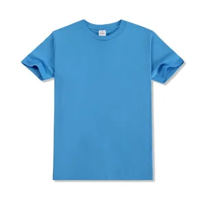 Close up detail view of the pure cotton crew neck short sleeve plain blue t-shirt fabric.