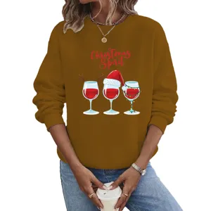 Casual Women Christmas Sweatshirt Long Sleeve Round Neck Cute Wine Glasses Pullover