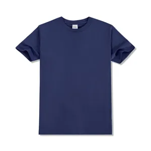 Plain navy blue short sleeve crewneck t-shirt detail, premium cotton fabric, casual blank tee.