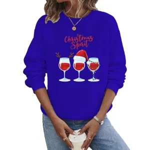 Women Christmas Long Sleeve Crewneck Sweatshirt Royal Blue Holiday Casual Pullover Top