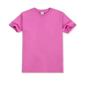 Detailed view of solid rose red cotton crewneck short sleeve t-shirt collar and fabric texture.