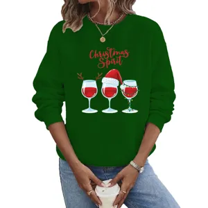 Green Christmas long sleeve sweatshirt with festive wine glass graphic for holiday wear.