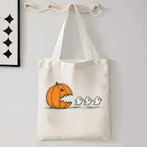 Halloween canvas shopper tas met pompoen en geest print, casual schoudertas voor dagelijks.