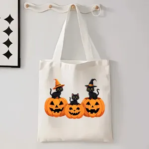 Halloween zwarte kat pompoen canvas shopper tas, casual studenten reizen handtas.
