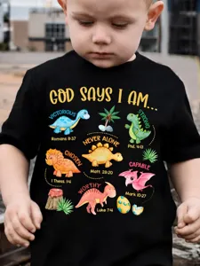 Camiseta de Algodón Peinado para Niños Estampado de Dinosaurio de Dibujos Animados Cita Bíblica Cristiana God Says I Am Manga Corta Cuello Redondo Top Casual de Verano