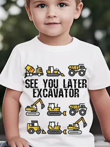 Kids Combed Cotton Short Sleeve T-Shirt Graphic Excavator Vehicle Print Crew Neck Casual Summer Top For Boys And Girls