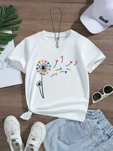 Kids Cotton Short Sleeve T-Shirt Graphic Dandelion Heart Print Summer Casual Tee For Boys Girls Toddler Soft Breathable Top