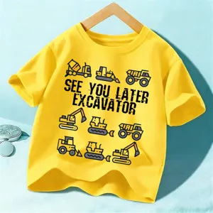 Kids cartoon excavator print short sleeve t-shirt children cotton yellow top tee