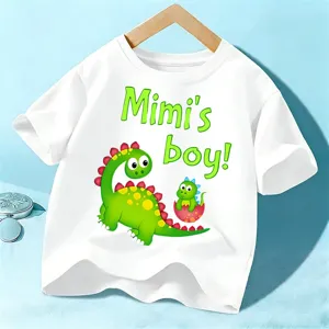 Kids white short sleeve t-shirt with cute dinosaur cartoon print and funny lettering.