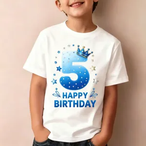 Paidiko t-shirt genethlion 5 eton kontomaniko leuko me mble arithmo gia agoria kai koritsia.