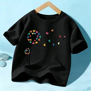 Kids black short sleeve t-shirt with colorful heart dandelion print cotton summer top