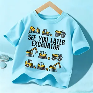 Kids short sleeve t-shirt, light blue combed cotton tee with cute excavator print, casual top.