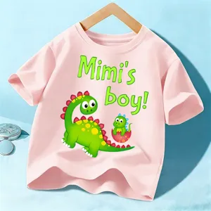 Cute pink children short sleeve t-shirt with dinosaur print, soft cotton for boys and girls.