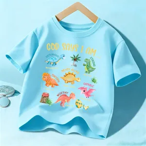Camiseta de algodón con estampado de dinosaurio azul claro para niños, top casual de manga corta.