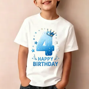 Παιδικό t-shirt γενεθλίων κοντομάνικο λευκό με μπλε αριθμό 4 κορώνη πάρτι δώρο top