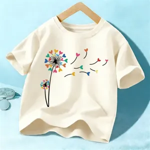 Kids short sleeve t-shirt, beige cotton tee with colorful dandelion heart print for boys and girls.