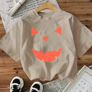 Women's Cotton Halloween Pumpkin Face Printed T-Shirt Casual Short Sleeve Round Neck Holiday Top For Party Daily Wear