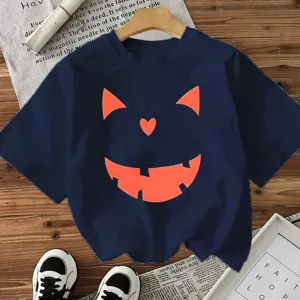 Halloween dark blue short sleeve t-shirt with funny orange pumpkin face print for women top.