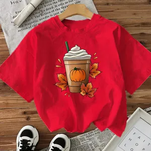 Rotes Damen Kurzarm T-Shirt mit herbstlichem Kürbis-Latte Grafikdruck lässiges Oberteil.